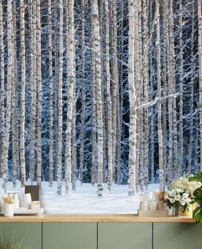 winterbos behangmuurschildering genaamd Snowy Birch Forest voor slaapkamers winterbos behangmuurschildering genaamd Snowy Birch Forest voor slaapkamers