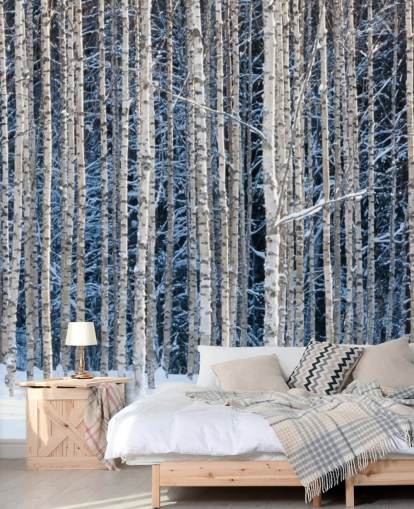 Winterwald-Wandbild namens Snowy Birch Forest für Schlafzimmer Winterwald-Wandbild namens Snowy Birch Forest für Schlafzimmer