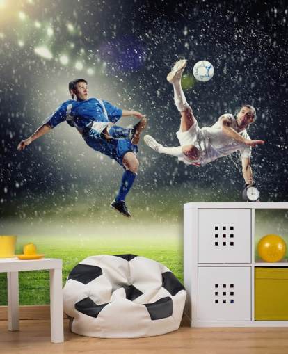 blue, green and white customisable football wallpaper mural called Two Football Players Striking the Ball for kid's bedroom blue, green and white customisable football wallpaper mural called Two Football Players Striking the Ball for kid's bedroom