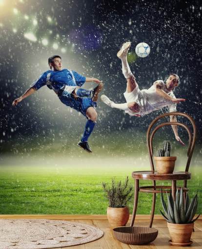 mural de papel de parede de futebol personalizável em azul, verde e branco chamado Two Football Players Striking the Ball para quarto infantil mural de papel de parede de futebol personalizável em azul, verde e branco chamado Two Football Players Striking the Ball para quarto infantil