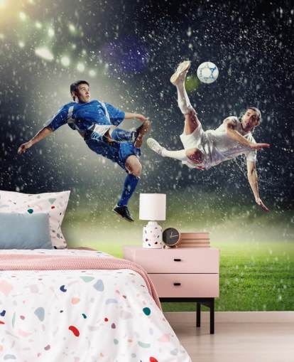 blue, green and white customizable football wallpaper mural called Two Football Players Striking the Ball for kid's bedroom blue, green and white customizable football wallpaper mural called Two Football Players Striking the Ball for kid's bedroom