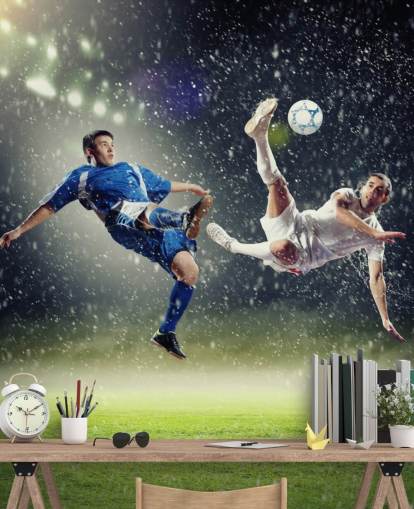 mural de papel pintado de fútbol personalizable azul, verde y blanco llamado Two Football Players Striking the Ball para dormitorio infantil mural de papel pintado de fútbol personalizable azul, verde y blanco llamado Two Football Players Striking the Ball para dormitorio infantil