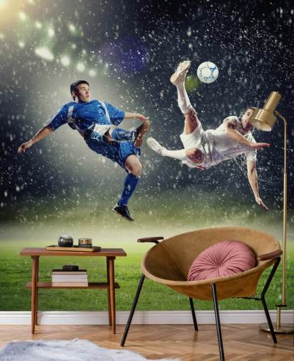 blå, grön och vit anpassningsbar fotbollstapet väggmålning som heter Two Football Players Striking the Ball för barnens sovrum blå, grön och vit anpassningsbar fotbollstapet väggmålning som heter Two Football Players Striking the Ball för barnens sovrum