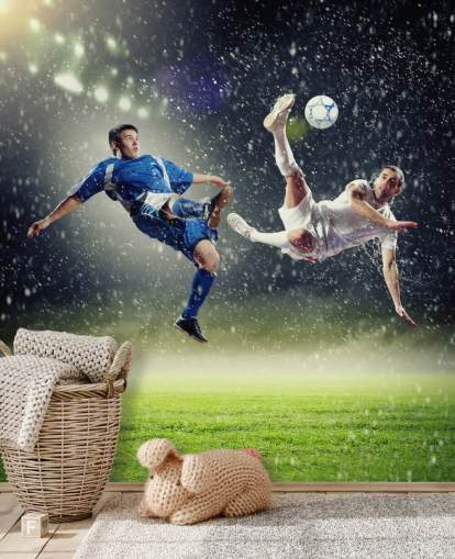 carta da parati murale con calcio personalizzabile blu, verde e bianco chiamata Two Football Players Striking the Ball per la camera dei bambini carta da parati murale con calcio personalizzabile blu, verde e bianco chiamata Two Football Players Striking the Ball per la camera dei bambini