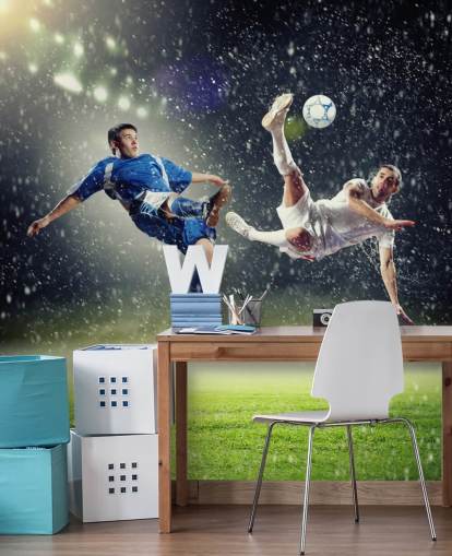 blue, green and white customisable football wallpaper mural called Two Football Players Striking the Ball for kid's bedroom blue, green and white customisable football wallpaper mural called Two Football Players Striking the Ball for kid's bedroom