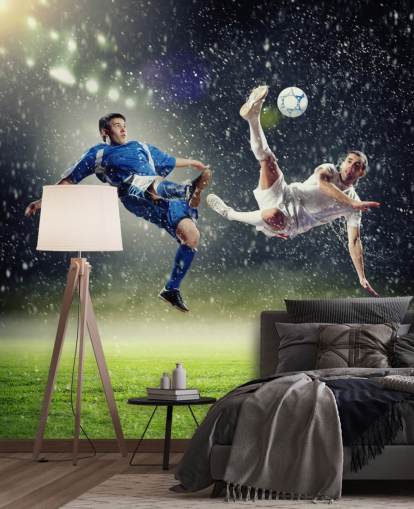 blå, grön och vit anpassningsbar fotbollstapet väggmålning som heter Two Football Players Striking the Ball för barnens sovrum blå, grön och vit anpassningsbar fotbollstapet väggmålning som heter Two Football Players Striking the Ball för barnens sovrum