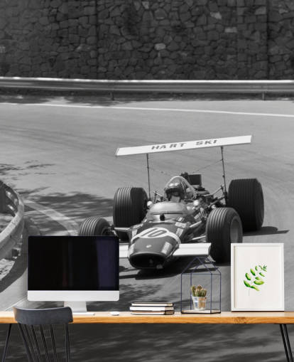 Vintage racerbil på spår väggmålning Vintage racerbil på spår väggmålning