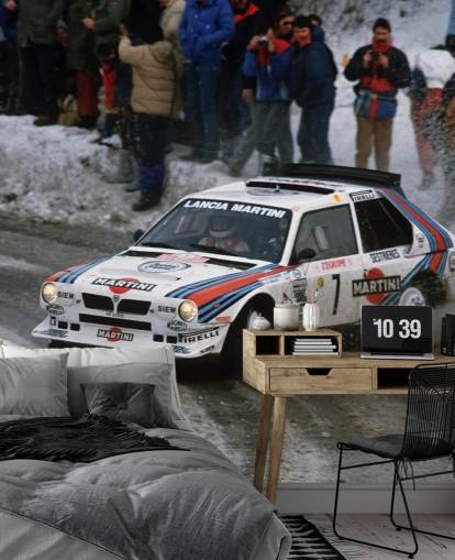 Raceauto in sneeuw behang muurschildering Raceauto in sneeuw behang muurschildering