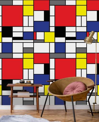 Colorido papel pintado geométrico retro inspirado en Mondrain para salas de estar y oficinas Colorido papel pintado geométrico retro inspirado en Mondrain para salas de estar y oficinas