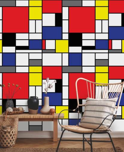 Carta da parati colorata con motivi geometrici retrò ispirati a Mondrain per salotti e uffici Carta da parati colorata con motivi geometrici retrò ispirati a Mondrain per salotti e uffici