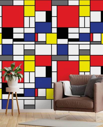Värikäs retrogeometrinen Mondrain-inspiroima taustakuva olohuoneisiin ja toimistoihin Värikäs retrogeometrinen Mondrain-inspiroima taustakuva olohuoneisiin ja toimistoihin