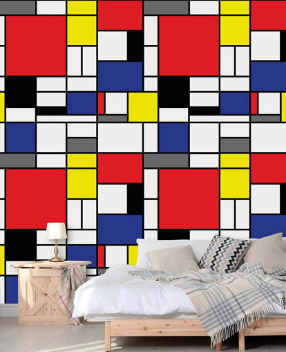 Värikäs retrogeometrinen Mondrain-inspiroima taustakuva olohuoneisiin ja toimistoihin Värikäs retrogeometrinen Mondrain-inspiroima taustakuva olohuoneisiin ja toimistoihin