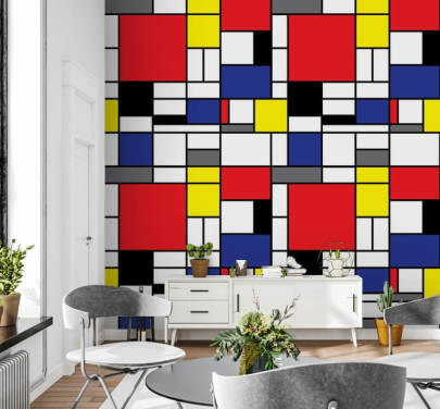 Farverigt retro geometrisk Mondrain inspireret tapet til stuer og kontorer
