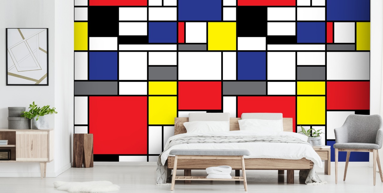 Kleurrijk retro geometrisch op Mondrain geïnspireerd behang voor woonkamers en kantoren