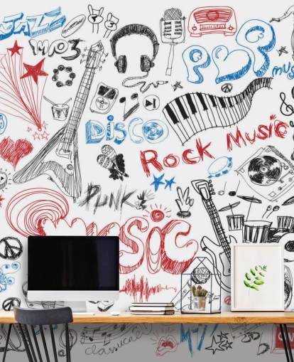 Handgetekende muziekmontage muurschildering Handgetekende muziekmontage muurschildering