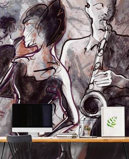 illustreret jazz tapet vægmaleri kaldet Jazz Band og dansere til hjem, skoler og spillesteder illustreret jazz tapet vægmaleri kaldet Jazz Band og dansere til hjem, skoler og spillesteder