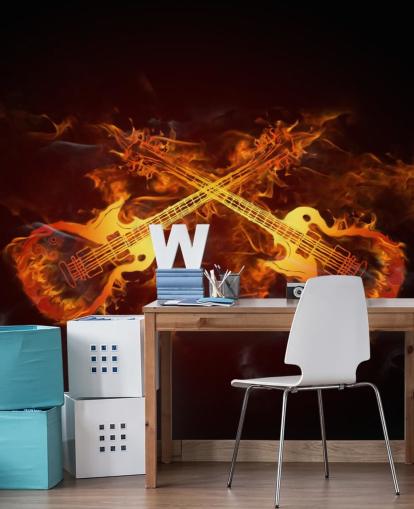 oranje en rode gitaarbehangmuurschildering genaamd Guitars on Fire at Wallsauce voor slaapkamers, bars en locaties oranje en rode gitaarbehangmuurschildering genaamd Guitars on Fire at Wallsauce voor slaapkamers, bars en locaties