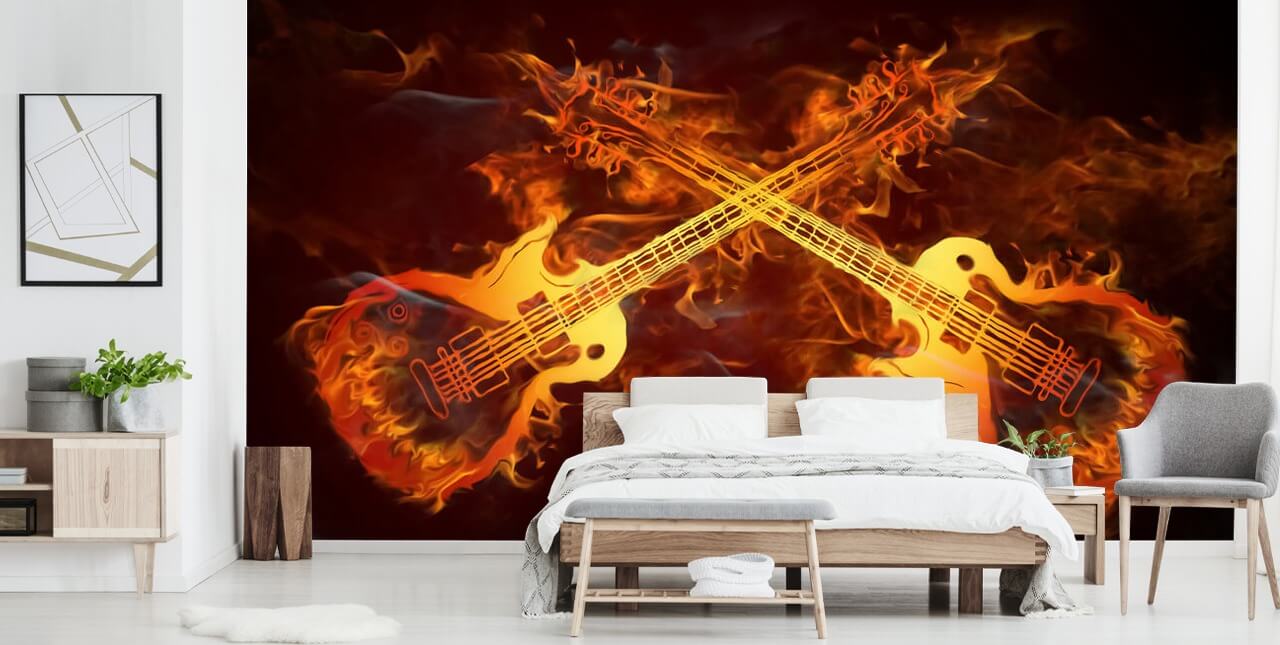 mural de papel de parede de guitarra laranja e vermelho chamado Guitars on Fire at Wallsauce para quartos, bares e locais mural de papel de parede de guitarra laranja e vermelho chamado Guitars on Fire at Wallsauce para quartos, bares e locais