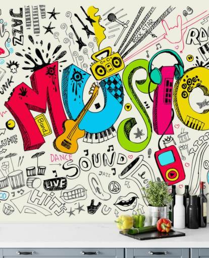 mural de papel pintado de graffiti personalizable llamado Music Doodle para dormitorio infantil mural de papel pintado de graffiti personalizable llamado Music Doodle para dormitorio infantil
