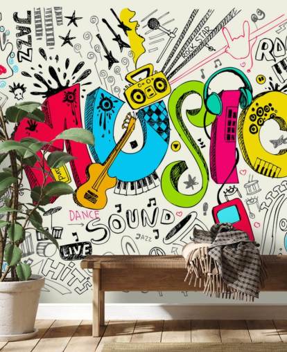 mural de papel de parede de grafite personalizável chamado Music Doodle para quarto de criança mural de papel de parede de grafite personalizável chamado Music Doodle para quarto de criança