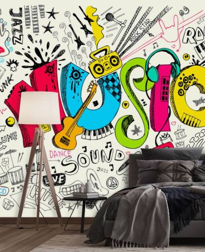 mural de papel de parede de grafite personalizável chamado Music Doodle para quarto de criança mural de papel de parede de grafite personalizável chamado Music Doodle para quarto de criança