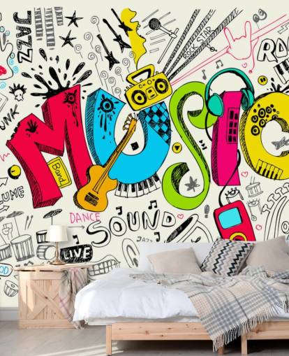 carta da parati murale personalizzabile con graffiti chiamata Music Doodle per la cameretta dei bambini carta da parati murale personalizzabile con graffiti chiamata Music Doodle per la cameretta dei bambini