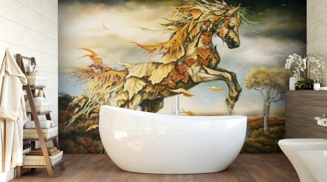 Cavalo de outono feito de folhas Mural