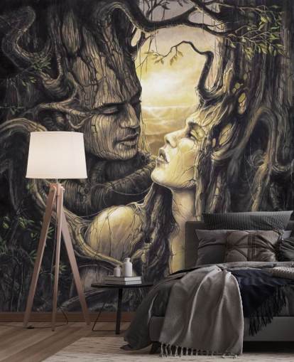 brown fantasy forest wallpaper mural called The Couple by Severine Pineaux for bedrooms brown fantasy forest wallpaper mural called The Couple by Severine Pineaux for bedrooms
