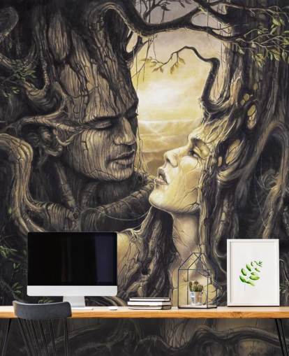 mural de papel de parede marrom fantasy forest chamado The Couple, de Severine Pineaux, para quartos mural de papel de parede marrom fantasy forest chamado The Couple, de Severine Pineaux, para quartos