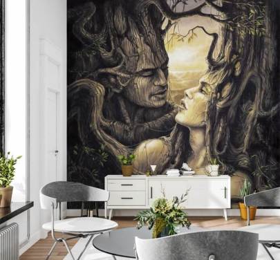 Braune Fantasy-Wald-Wandtapete namens The Couple von Severine Pineaux für Schlafzimmer