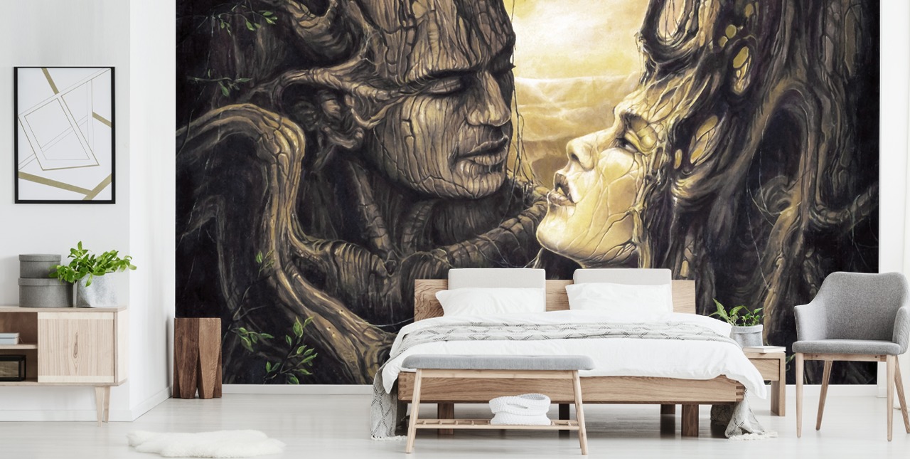 papier peint mural marron de la forêt fantastique appelé The Couple de Séverine Pineaux pour les chambres