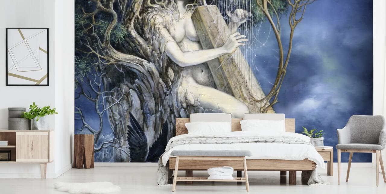 Tree Woman speelt Harp Behang