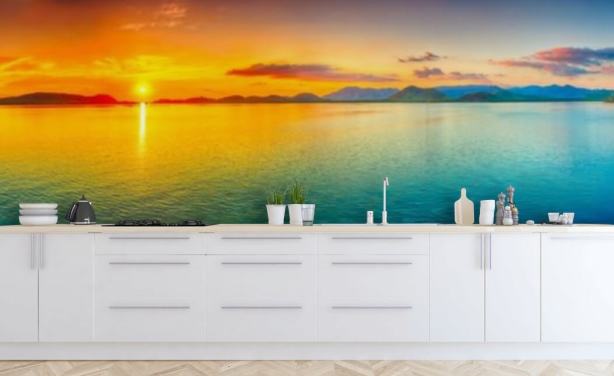 dramatisch oranje en blauw hemelbehang