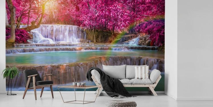 rosa och blå vattenfall tapetväggmålning kallad Blossom Waterfall för hem, kontor och företag 