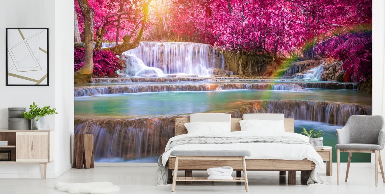 lyserødt og blåt vandfald tapetmaleri kaldet Blossom Waterfall til hjem, kontorer og virksomheder 