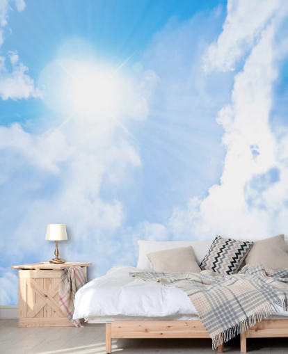 Tapetentapete mit blauem und weißem Himmel namens Sunlight Through Clouds für Schlafzimmer, Wohnzimmer und Heimbüros Tapetentapete mit blauem und weißem Himmel namens Sunlight Through Clouds für Schlafzimmer, Wohnzimmer und Heimbüros