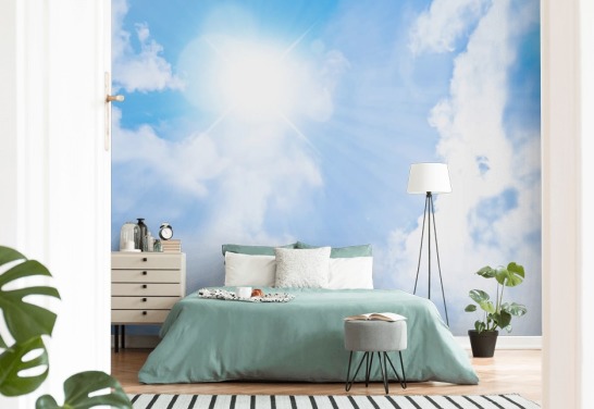 blauwe en witte hemelmuurschildering genaamd Sunlight Through Clouds voor slaapkamers, woonkamers en thuiskantoren