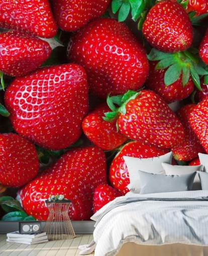 felrode fruitmuurschildering genaamd Strawberries Fresh voor keukens, cafés en restaurants felrode fruitmuurschildering genaamd Strawberries Fresh voor keukens, cafés en restaurants
