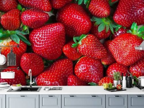 felrode fruitmuurschildering genaamd Strawberries Fresh voor keukens, cafés en restaurants