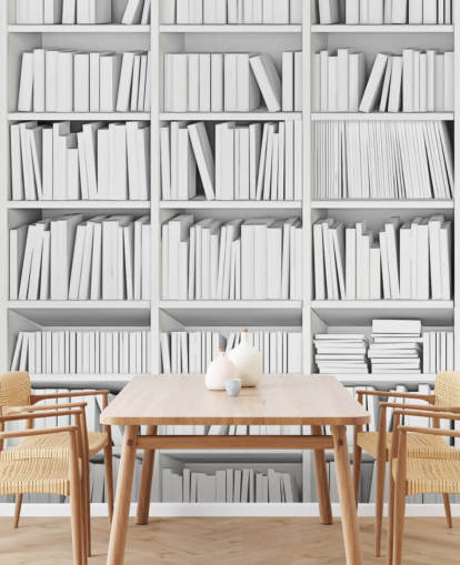 Weiße Bücher auf einer weißen Bücherregal-Tapete Weiße Bücher auf einer weißen Bücherregal-Tapete