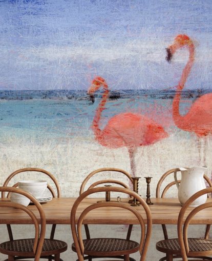 Målade Flamingos på stranden Väggmålning Målade Flamingos på stranden Väggmålning