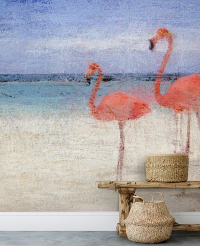 Decorazione murale con fenicotteri dipinti sulla spiaggia Decorazione murale con fenicotteri dipinti sulla spiaggia