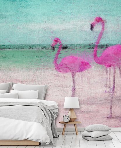 Malede flamingoer på stranden vægmaleri Malede flamingoer på stranden vægmaleri