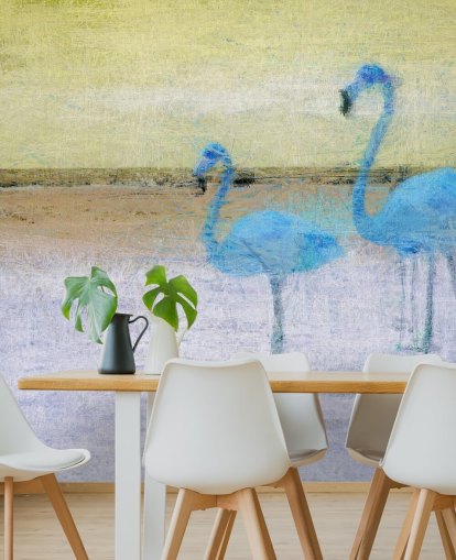 blå og gul maleri af flamingoer wallapper blå og gul maleri af flamingoer wallapper