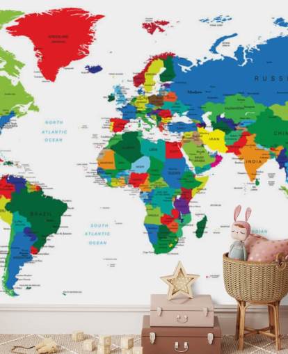 kleurrijke muurschildering van de wereldkaart genaamd Bright World Map kleurrijke muurschildering van de wereldkaart genaamd Bright World Map