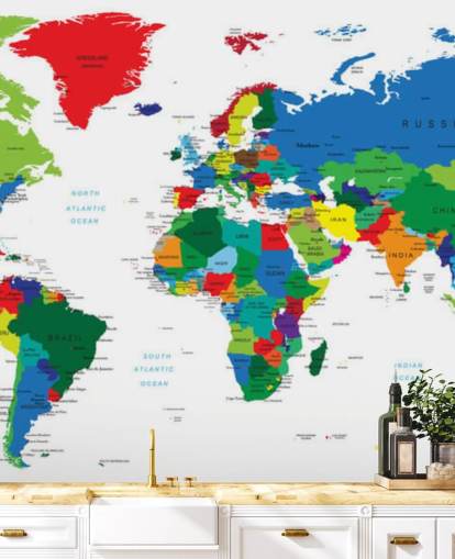 murale con mappa del mondo colorata chiamata Bright World Map murale con mappa del mondo colorata chiamata Bright World Map