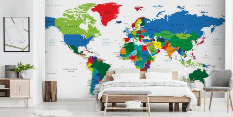 farverigt verdenskort vægmaleri kaldet Bright World Map