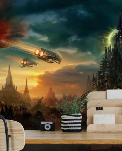 Castelo de fantasia com naves espaciais papel de parede Castelo de fantasia com naves espaciais papel de parede
