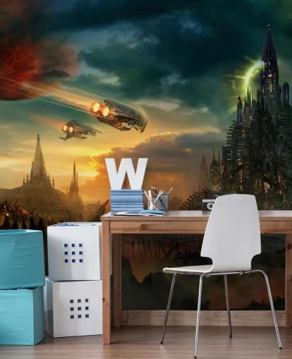 Fantasy Castle with Spaceships Wallpaper Fantasy Castle with Spaceships Wallpaper