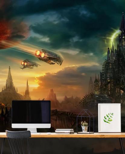 Fond d'écran Fantasy Castle avec des vaisseaux spatiaux Fond d'écran Fantasy Castle avec des vaisseaux spatiaux